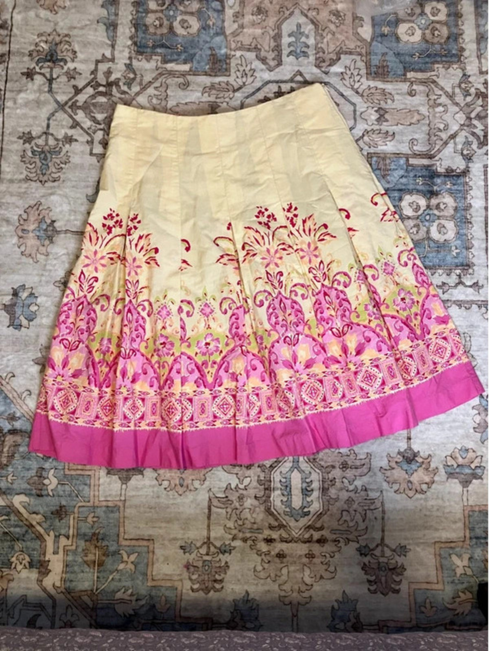 Sandra Darren Pleated Midi Skirt 10 Butter Yellow Pink Border Print Cotton Lined